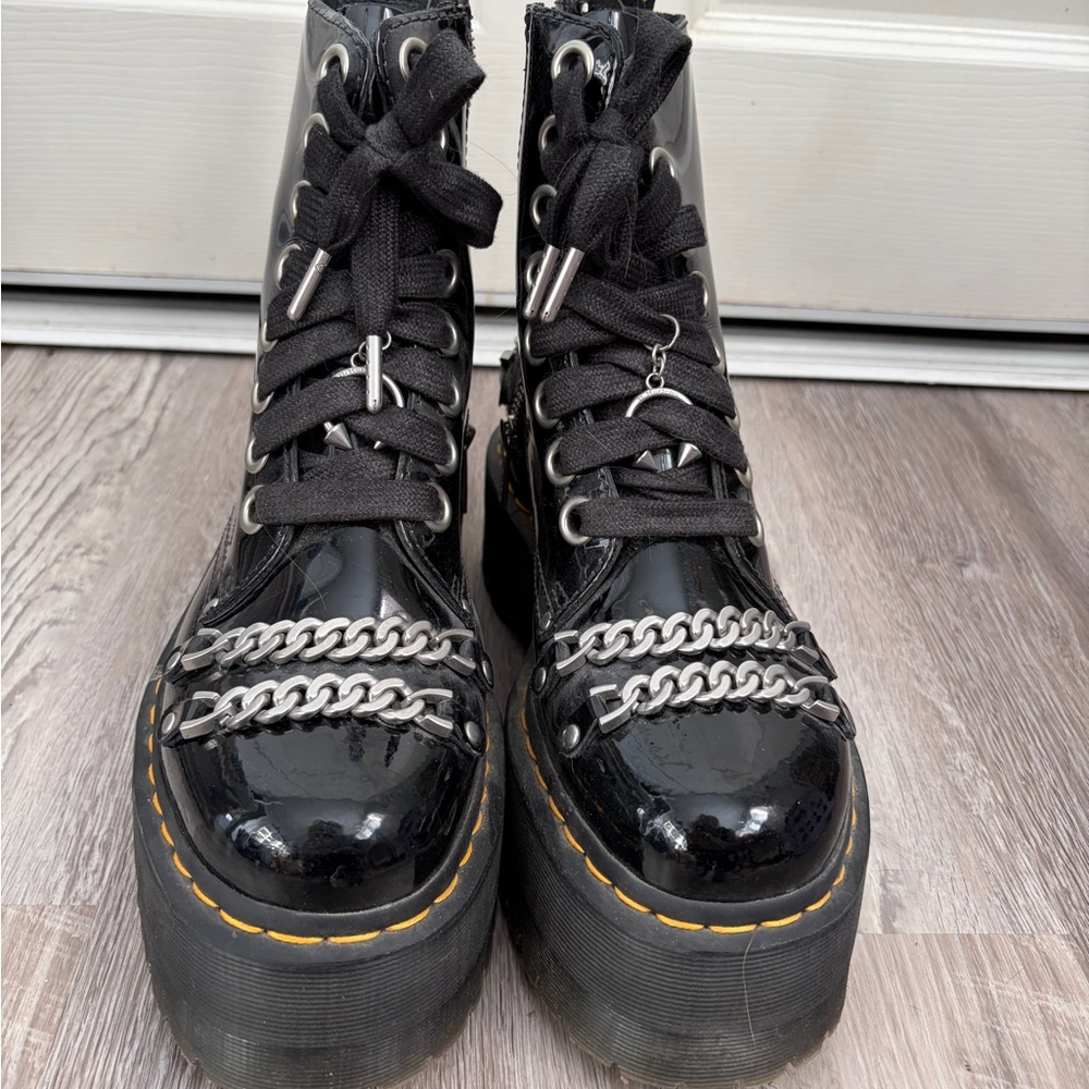Dr. Martens Black Patent Platform Combat Boots with Silver Chains